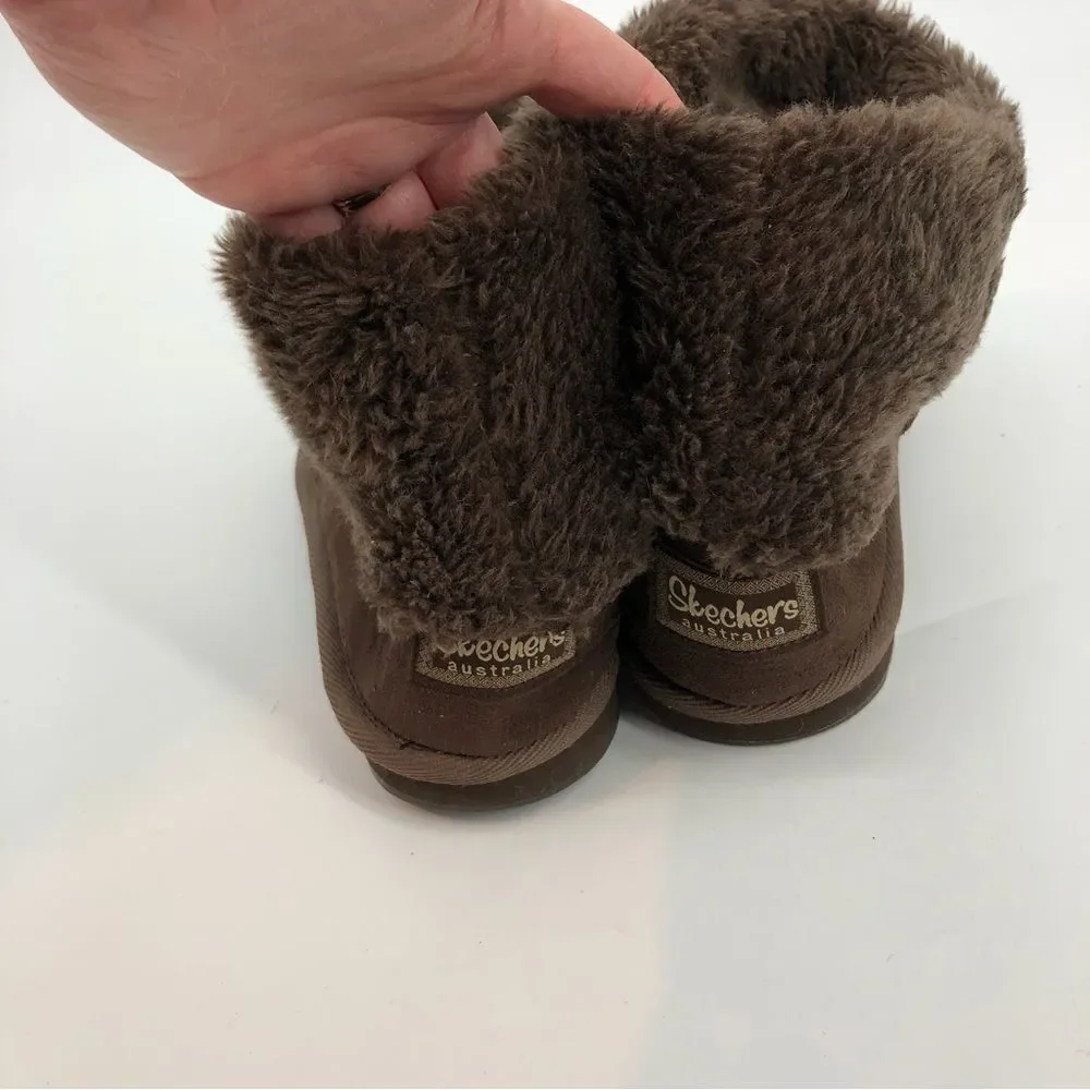 SKECHERS Australia Boiling Point Brown Furry Boot‎ Faux Leather Fur Size 9